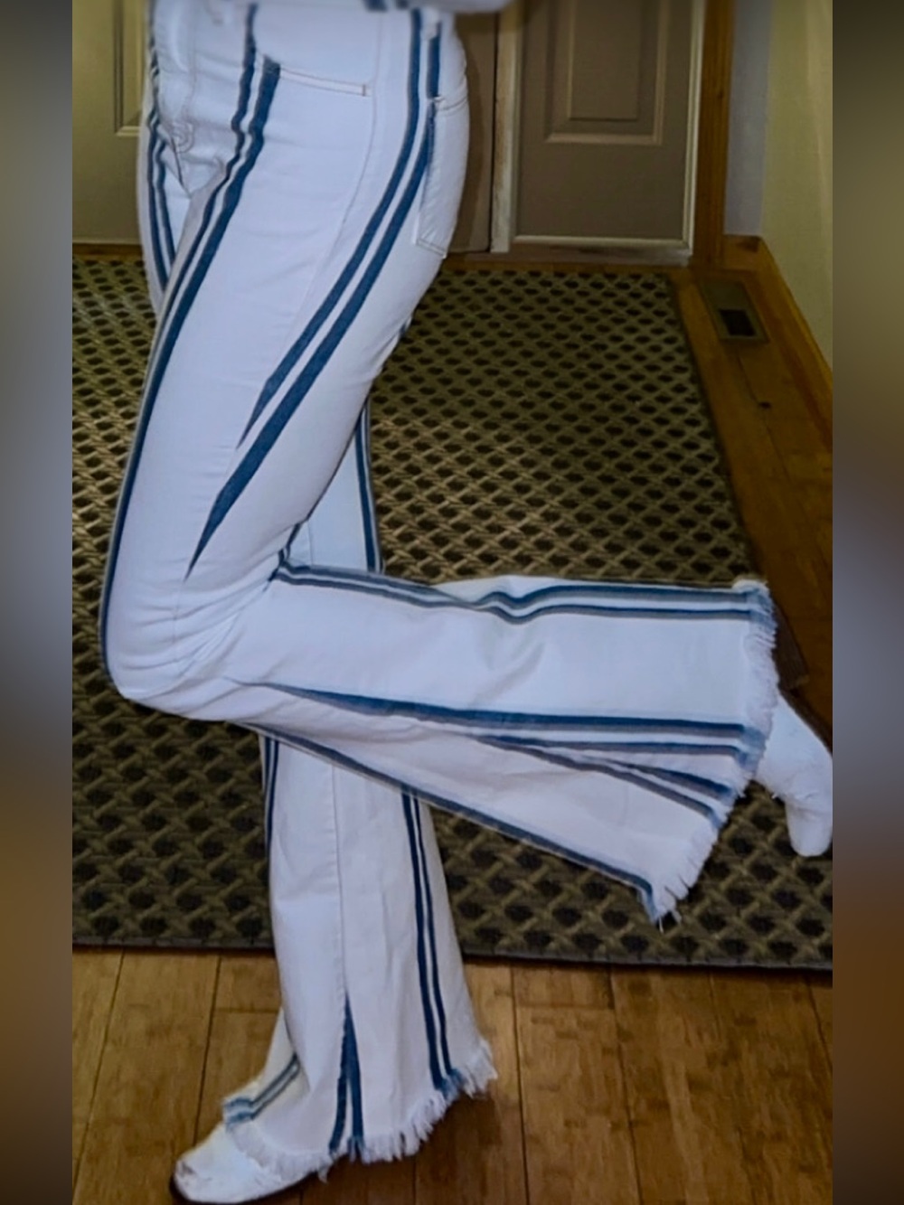 Women’s White Flared Jeans with Blue Stripes